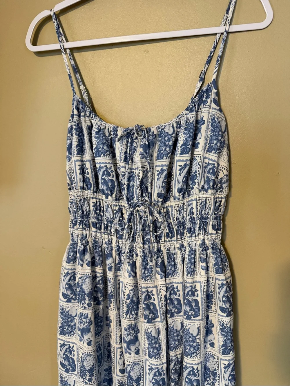 Abercrombie & Fitch White and Blue Tile-Print Smocked Maxi Dress